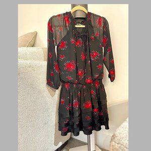 Sam Edelman Floral Drop Waist Cinched Dress, Tie-Neck, Adjustable, Fully lined